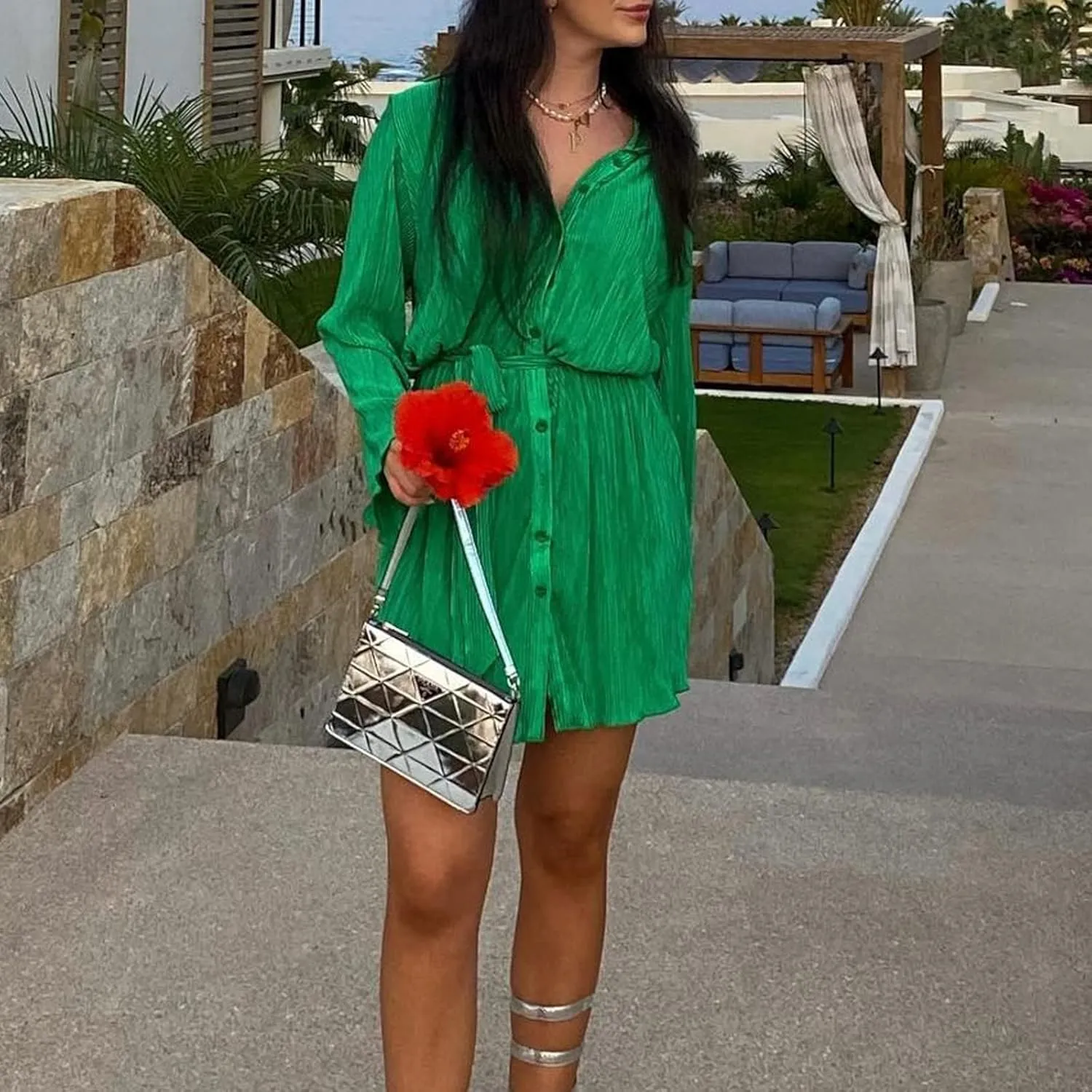 Women Shirt Dresses Long Sleeve Pleated Mini Dress Casual Button Down Tunic Tops with Belt Vintage Streetwear