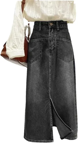 Women Slit Vintage Midi Casual Denim Skirts High Waist Fashion A-Line All-Match Skirts