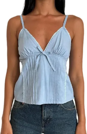 Women Spaghetti Strap Lace Trim Crop Camisole Sexy V Neck Vintage Backless Y2k Fairy Grunge Cami Shirt