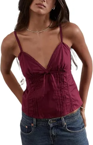 Women Spaghetti Strap Lace Trim Crop Camisole Sexy V Neck Vintage Backless Y2k Fairy Grunge Cami Shirt