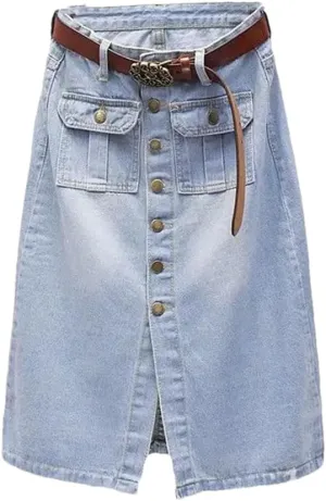 Women Spring Summer Front Split Denim Sheath Skirts Single-Breasted Midi High Waist Pencil Skirts