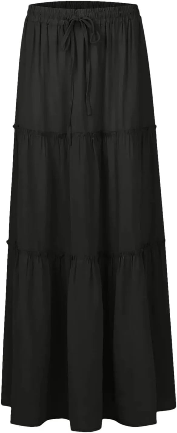 Women Summer Pleated Long Skirts Casual Loose Fit Elastic Waisted Flowy Swing A-Line Midi Skirts