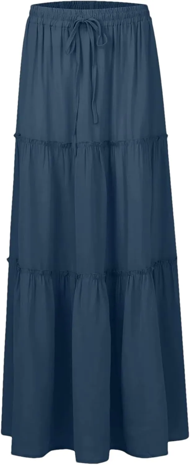 Women Summer Pleated Long Skirts Casual Loose Fit Elastic Waisted Flowy Swing A-Line Midi Skirts