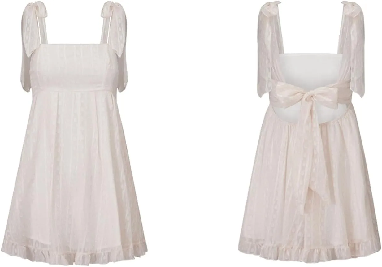 Women Tie Shoulder Mini Dress Floral Sleeveless Backless Bow Tie Strap Ruffle Flowy A-Line Cami Dress Beach Sundress