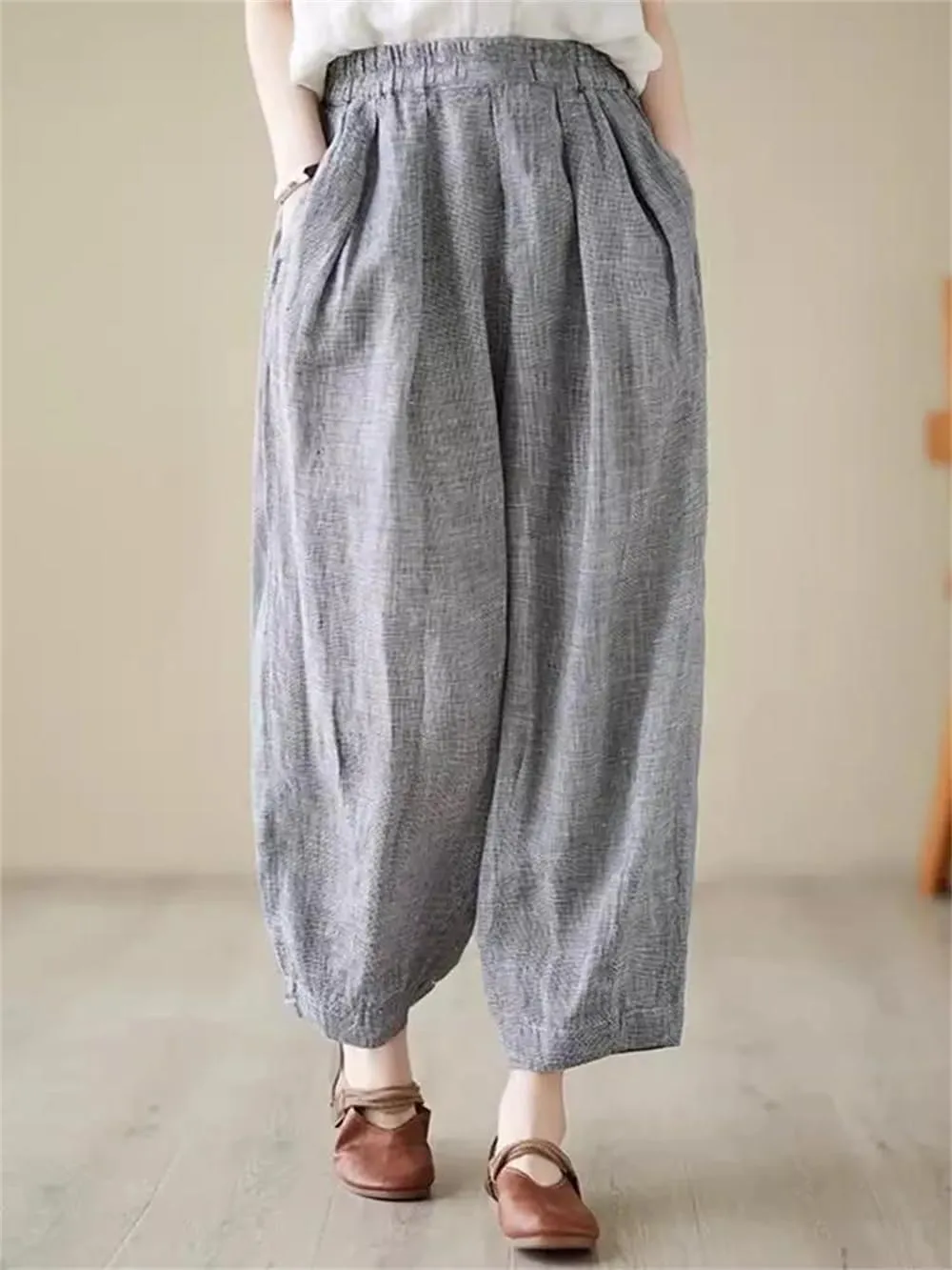 Women Vintage Plaid Lantern Harem Pants Loose Ankle-Length Elastic Waist Wide Leg Pants