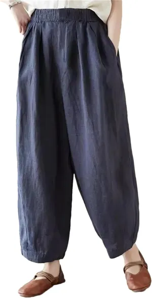 Women Vintage Plaid Lantern Harem Pants Loose Ankle-Length Elastic Waist Wide Leg Pants