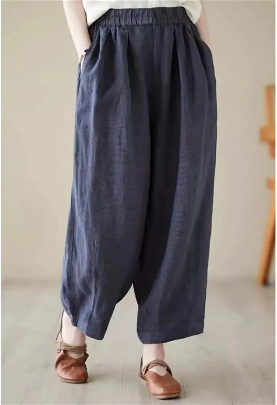 Women Vintage Plaid Lantern Harem Pants Loose Ankle-Length Elastic Waist Wide Leg Pants