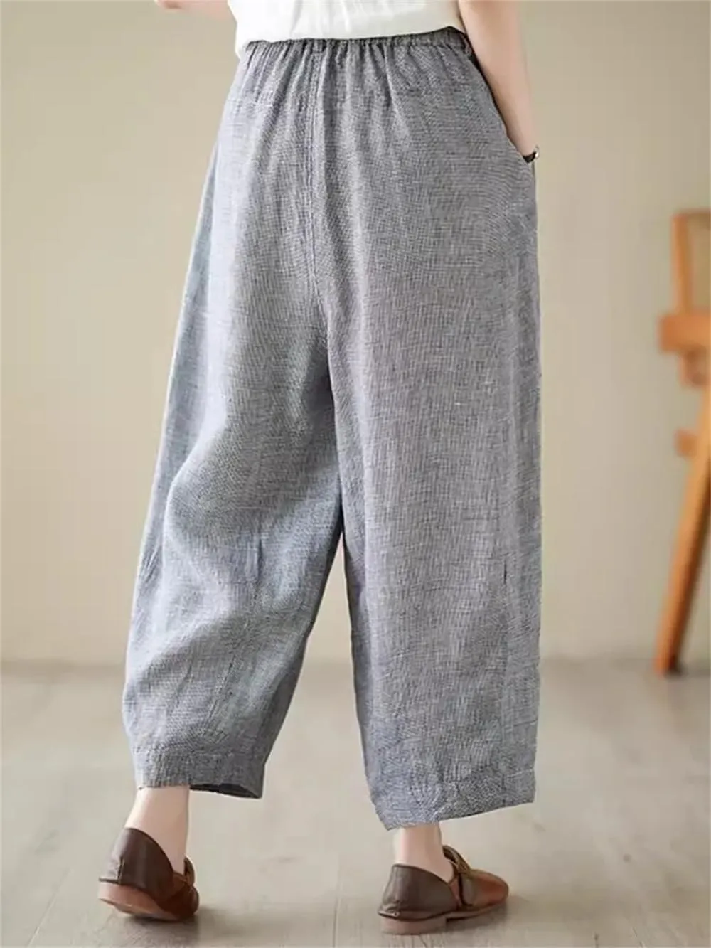 Women Vintage Plaid Lantern Harem Pants Loose Ankle-Length Elastic Waist Wide Leg Pants