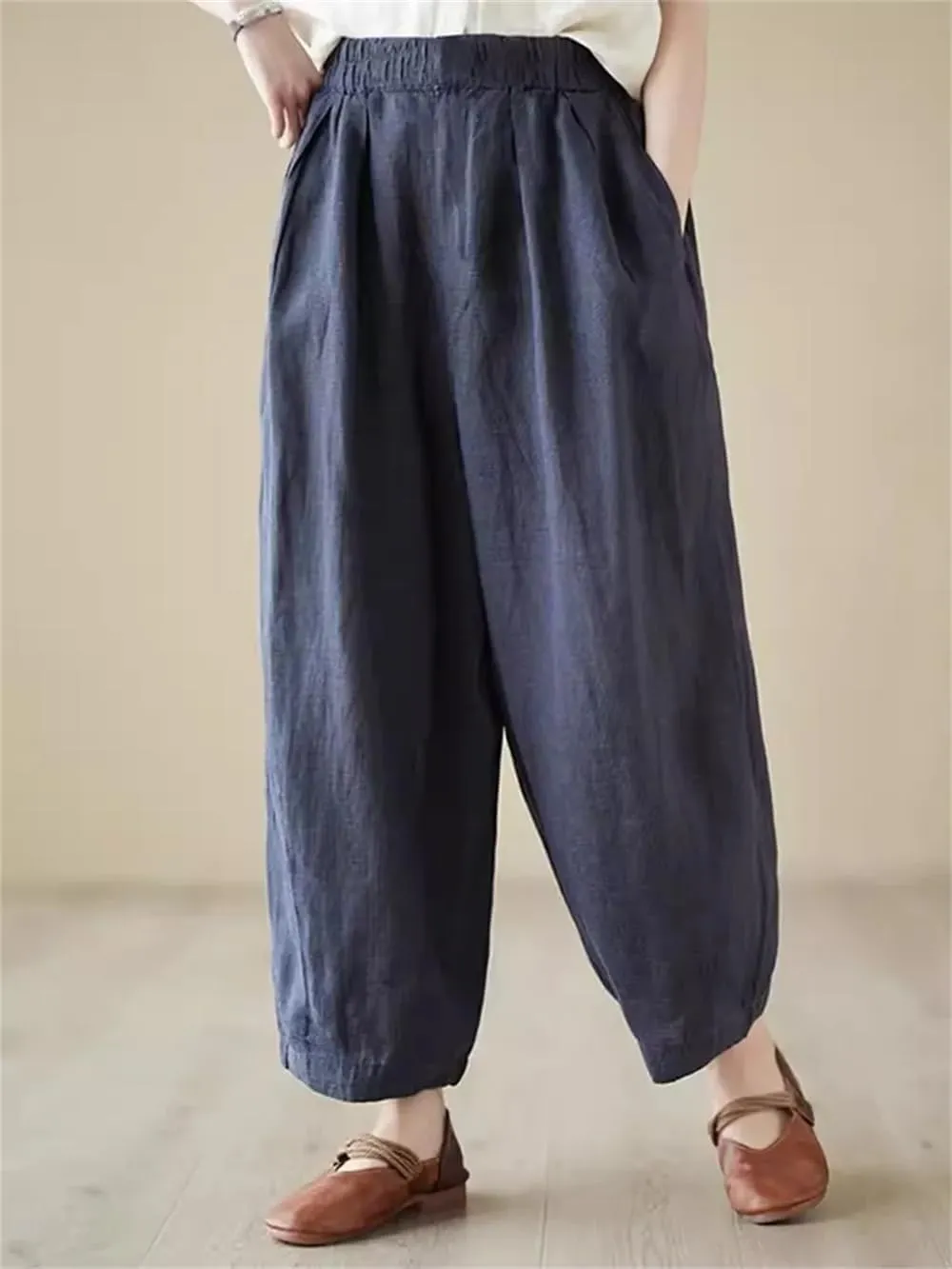 Women Vintage Plaid Lantern Harem Pants Loose Ankle-Length Elastic Waist Wide Leg Pants