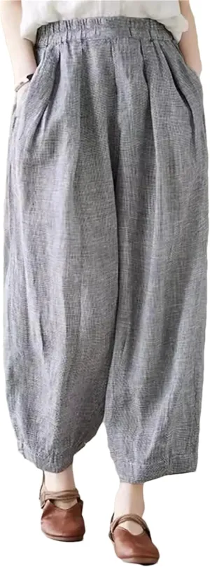 Women Vintage Plaid Lantern Harem Pants Loose Ankle-Length Elastic Waist Wide Leg Pants