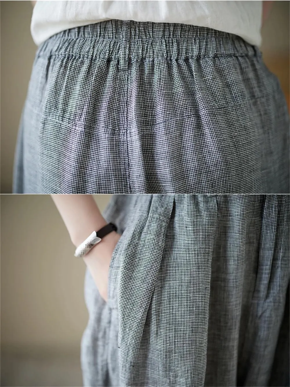 Women Vintage Plaid Lantern Harem Pants Loose Ankle-Length Elastic Waist Wide Leg Pants