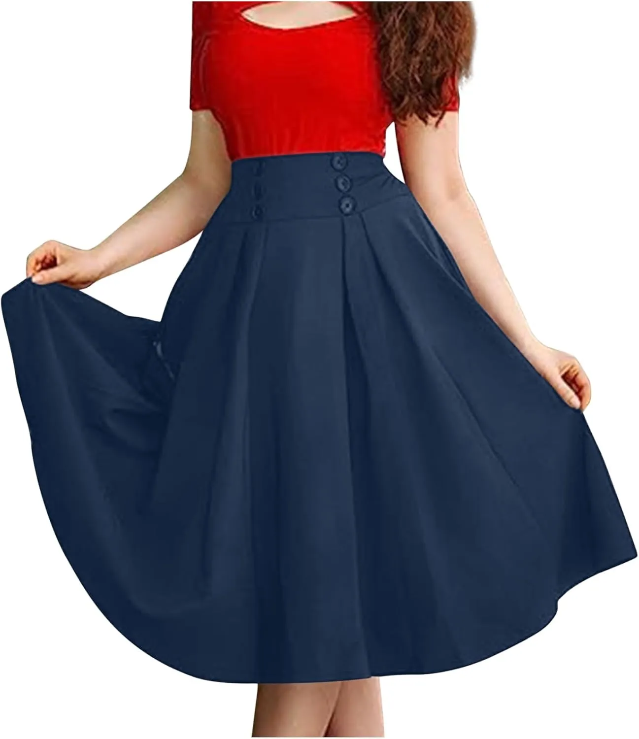 Women's Basic Versatile Stretchy Flared Casual Midi Skater Skirt Ruched High Waist Knee Length A-Line Pleated Skirts