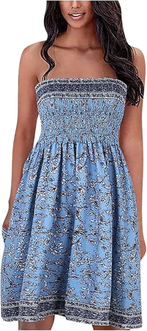Womens Bohemian Tube Smocked Dress Off Shoulder Strapless Backless Ruffle Floral Beach Mini Dress (Color : Gray, Size : X-Large)