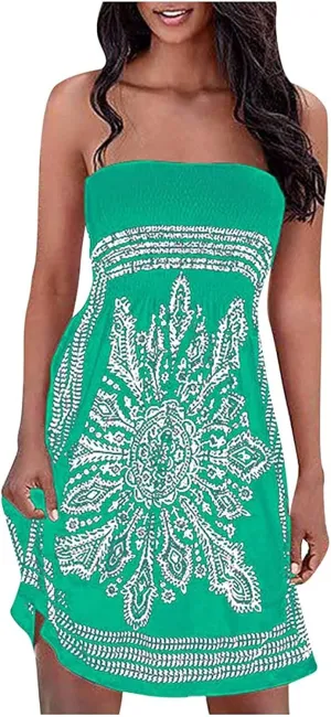 Womens Bohemian Tube Smocked Dress Off Shoulder Strapless Backless Ruffle Floral Beach Mini Dress (Color : Green, Size : Small)