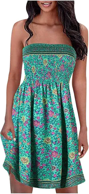 Womens Bohemian Tube Smocked Dress Off Shoulder Strapless Backless Ruffle Floral Beach Mini Dress (Color : Green1, Size : Medium)
