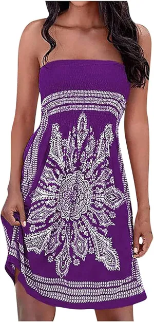 Womens Bohemian Tube Smocked Dress Off Shoulder Strapless Backless Ruffle Floral Beach Mini Dress (Color : Purple, Size : X-Large)