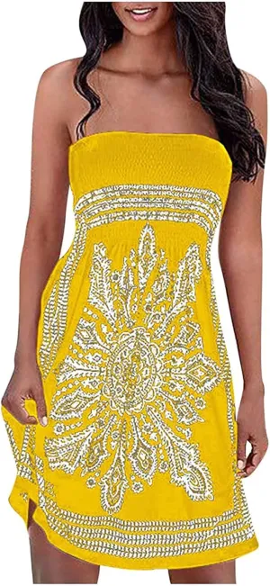 Womens Bohemian Tube Smocked Dress Off Shoulder Strapless Backless Ruffle Floral Beach Mini Dress (Color : Yellow, Size : Small)