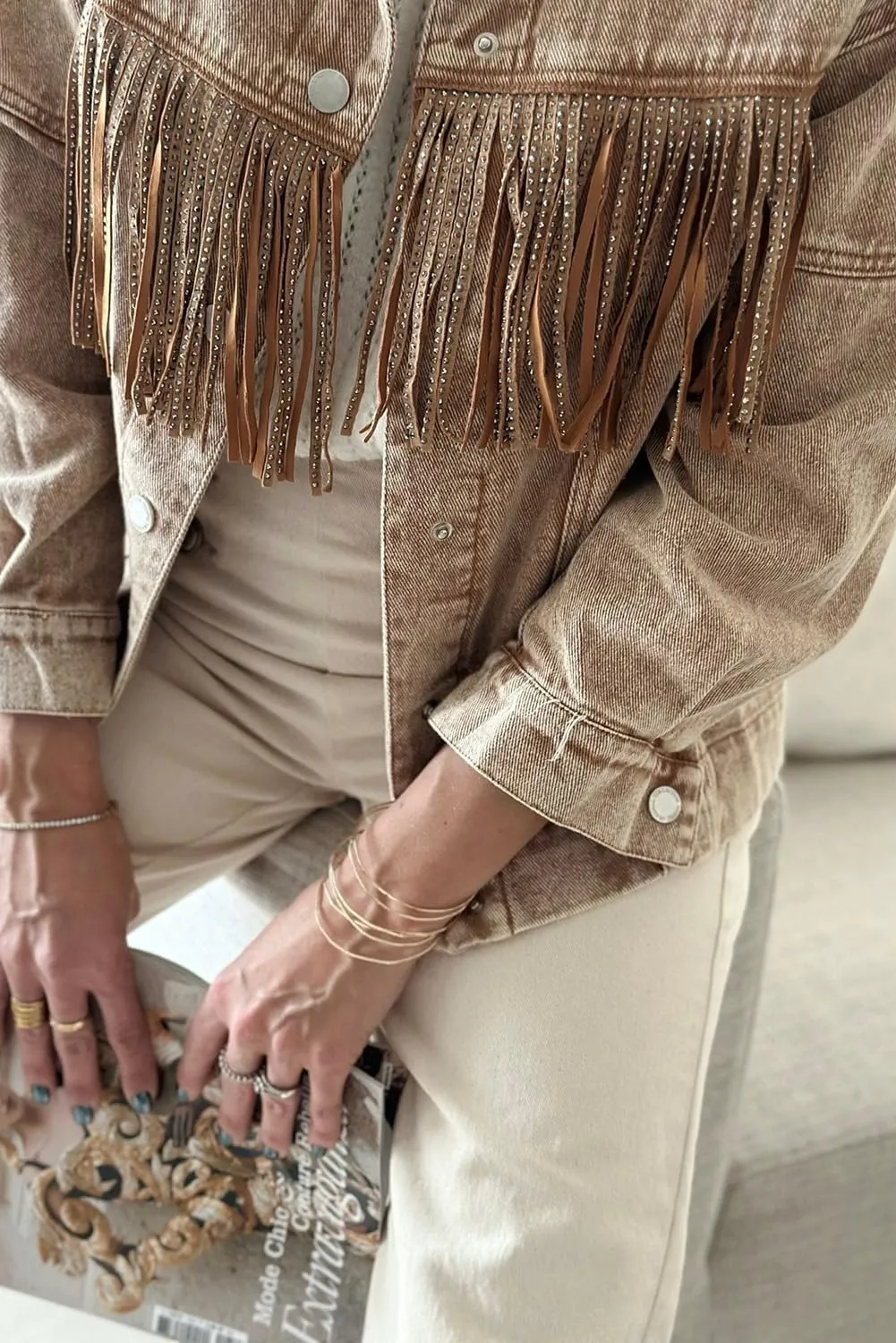 Women's Brown Rhinestone Fringed Cowgirl Denim Jacket