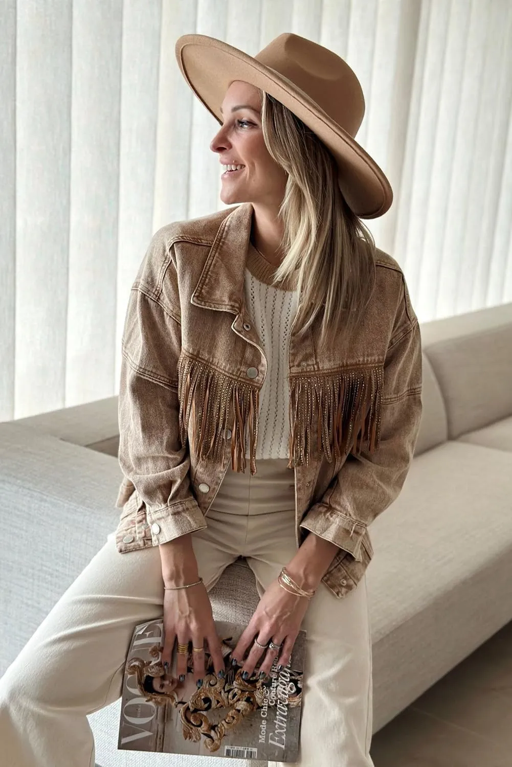 Women's Brown Rhinestone Fringed Cowgirl Denim Jacket