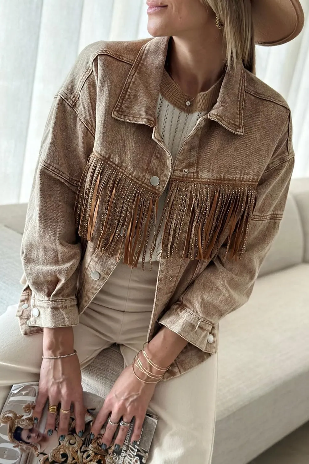 Women's Brown Rhinestone Fringed Cowgirl Denim Jacket