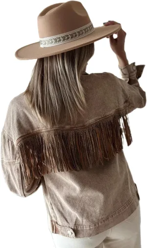 Women's Brown Rhinestone Fringed Cowgirl Denim Jacket