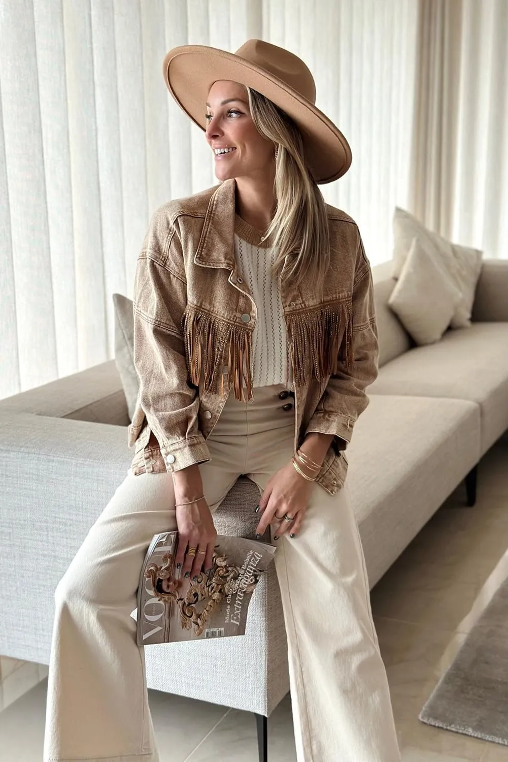 Women's Brown Rhinestone Fringed Cowgirl Denim Jacket