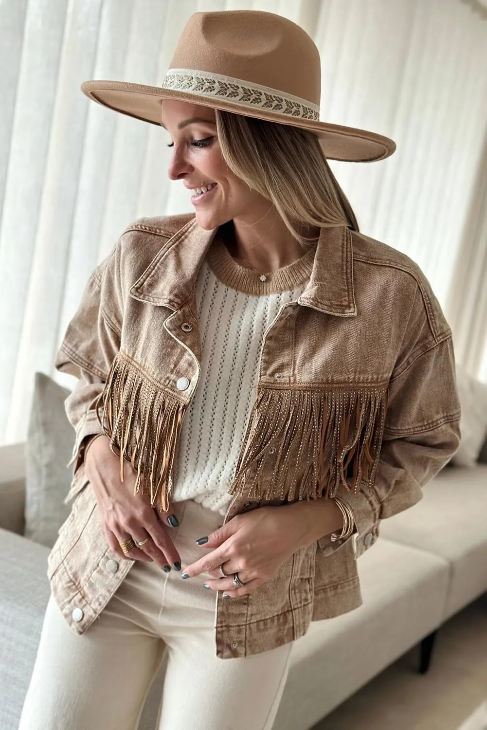 Women's Brown Rhinestone Fringed Cowgirl Denim Jacket