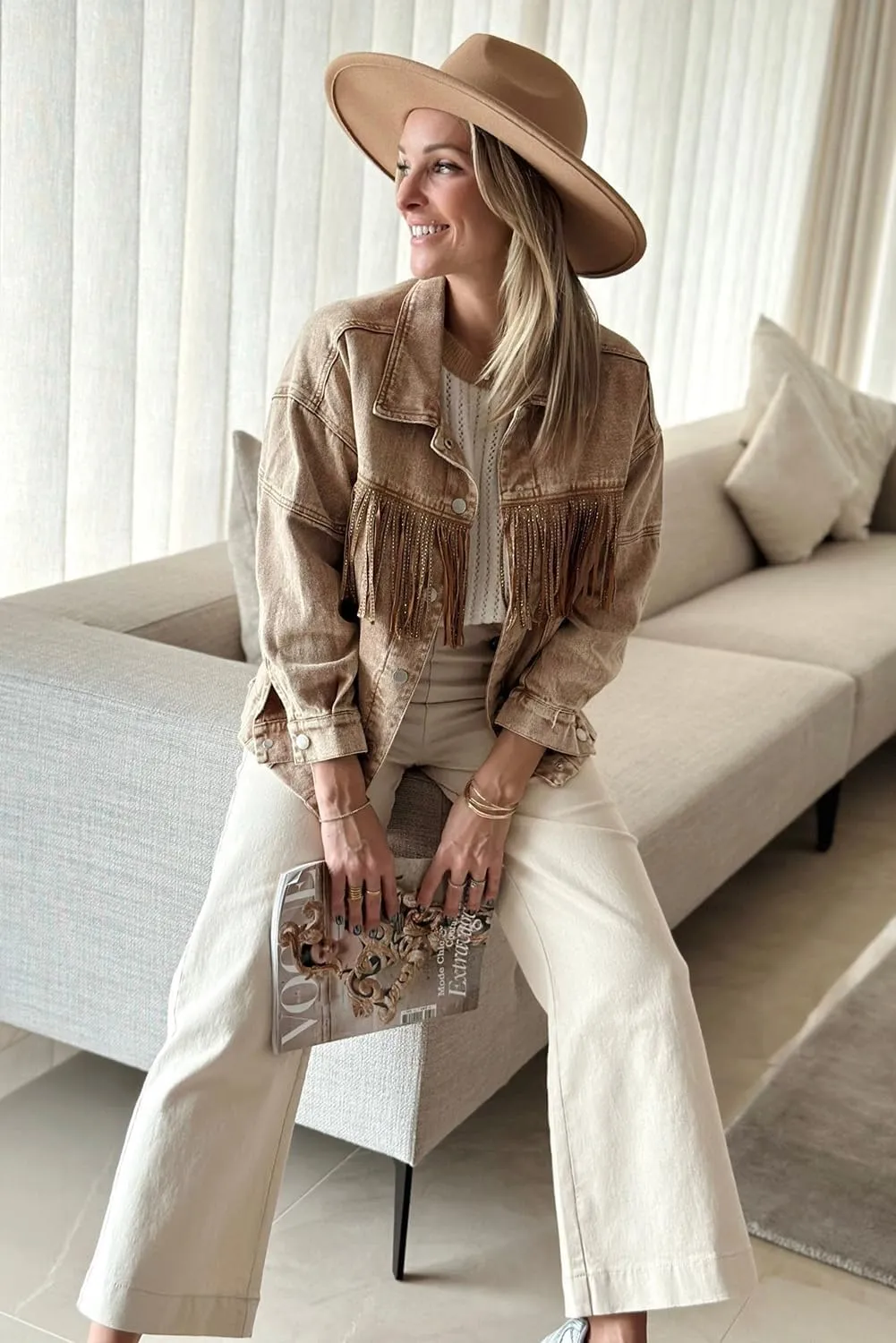 Women's Brown Rhinestone Fringed Cowgirl Denim Jacket