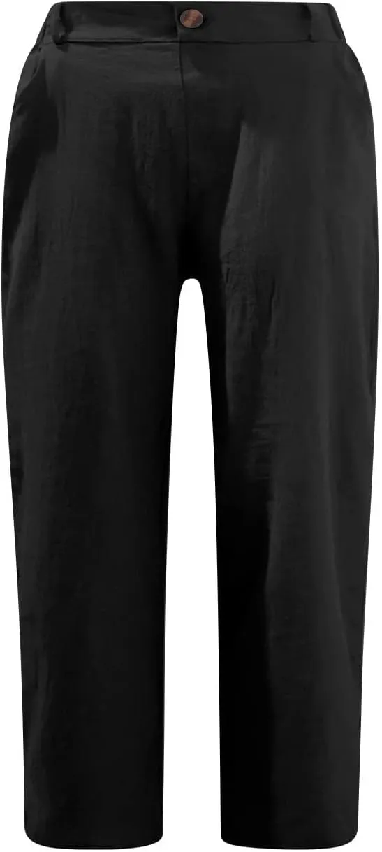 Womens Capris for Summer 2024 Casual High Waist Straight Leg Cotton Linen Pant Beach Vacation Cropped Lounge Trousers