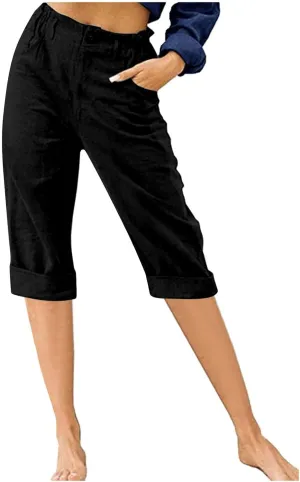 Womens Capris for Summer 2024 Casual High Waist Straight Leg Cotton Linen Pant Beach Vacation Cropped Lounge Trousers