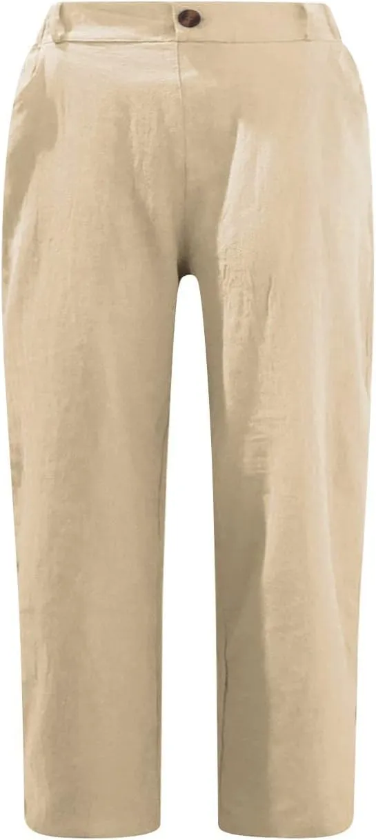 Womens Capris for Summer 2024 Casual High Waist Straight Leg Cotton Linen Pant Beach Vacation Cropped Lounge Trousers