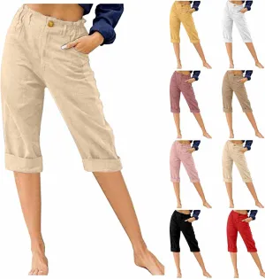 Womens Capris for Summer 2024 Casual High Waist Straight Leg Cotton Linen Pant Beach Vacation Cropped Lounge Trousers