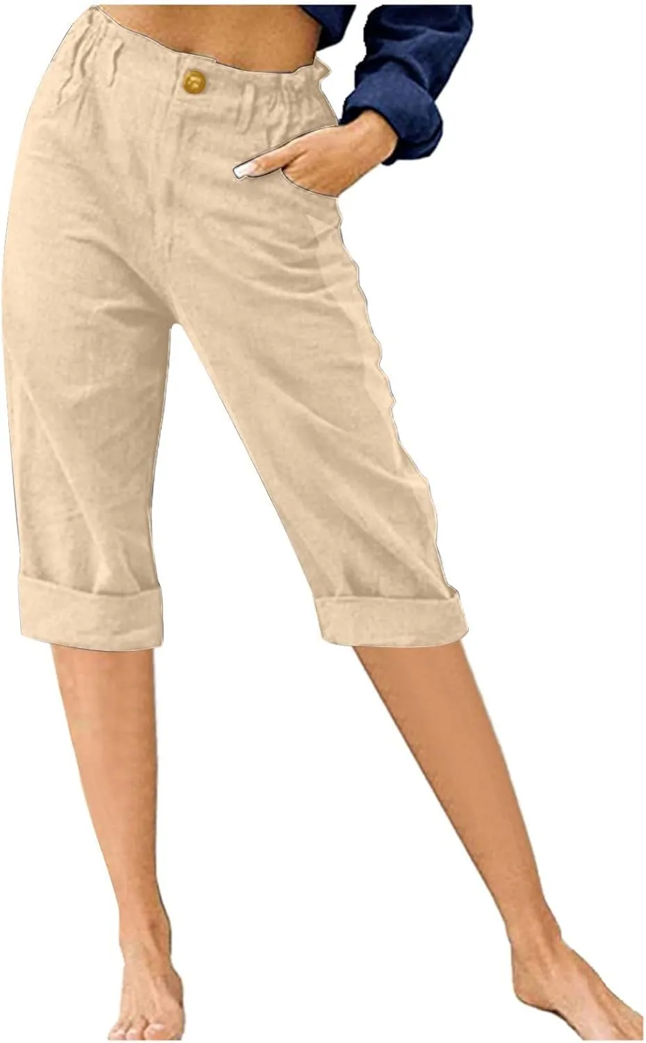 Womens Capris for Summer 2024 Casual High Waist Straight Leg Cotton Linen Pant Beach Vacation Cropped Lounge Trousers