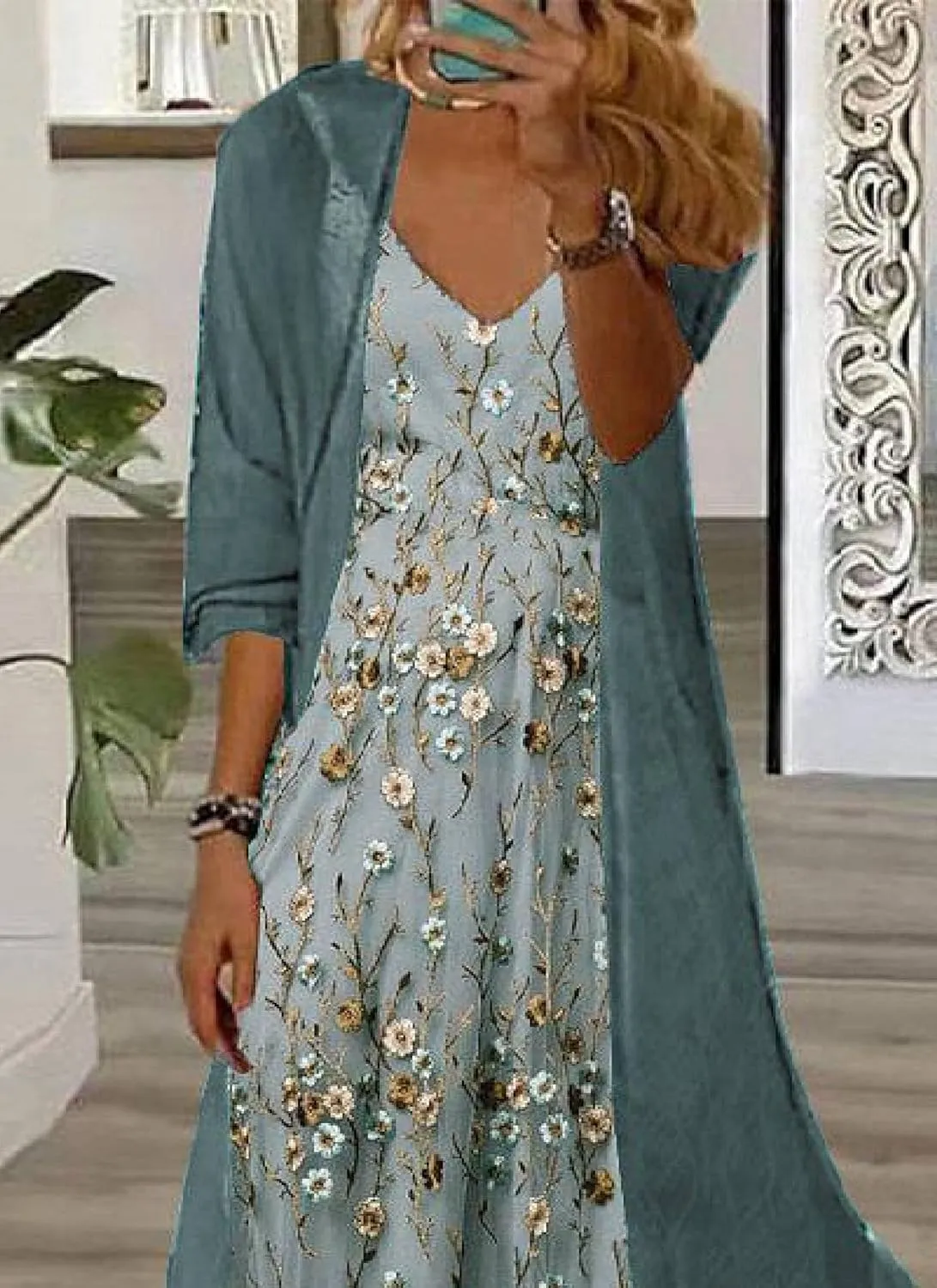 Women's Casual 2 Piece Set 2025 Flowy Summer Outfits Floral Print Maxi Dress with Jacket Loose Irregular Hem Dresses