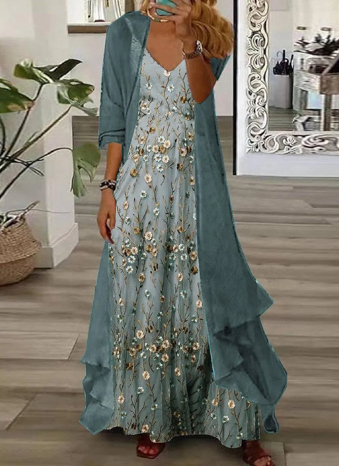 Women's Casual 2 Piece Set 2025 Flowy Summer Outfits Floral Print Maxi Dress with Jacket Loose Irregular Hem Dresses