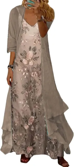 Women's Casual 2 Piece Set 2025 Flowy Summer Outfits Floral Print Maxi Dress with Jacket Loose Irregular Hem Dresses