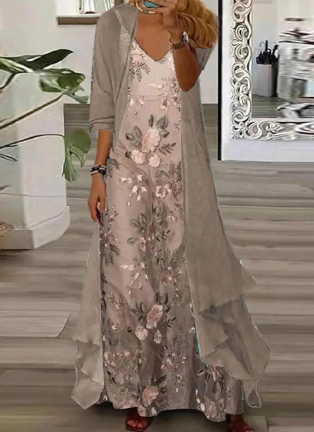 Women's Casual 2 Piece Set 2025 Flowy Summer Outfits Floral Print Maxi Dress with Jacket Loose Irregular Hem Dresses