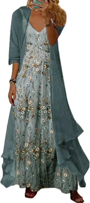Women's Casual 2 Piece Set 2025 Flowy Summer Outfits Floral Print Maxi Dress with Jacket Loose Irregular Hem Dresses