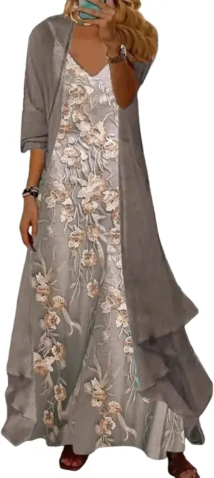 Women's Casual 2 Piece Set 2025 Flowy Summer Outfits Floral Print Maxi Dress with Jacket Loose Irregular Hem Dresses