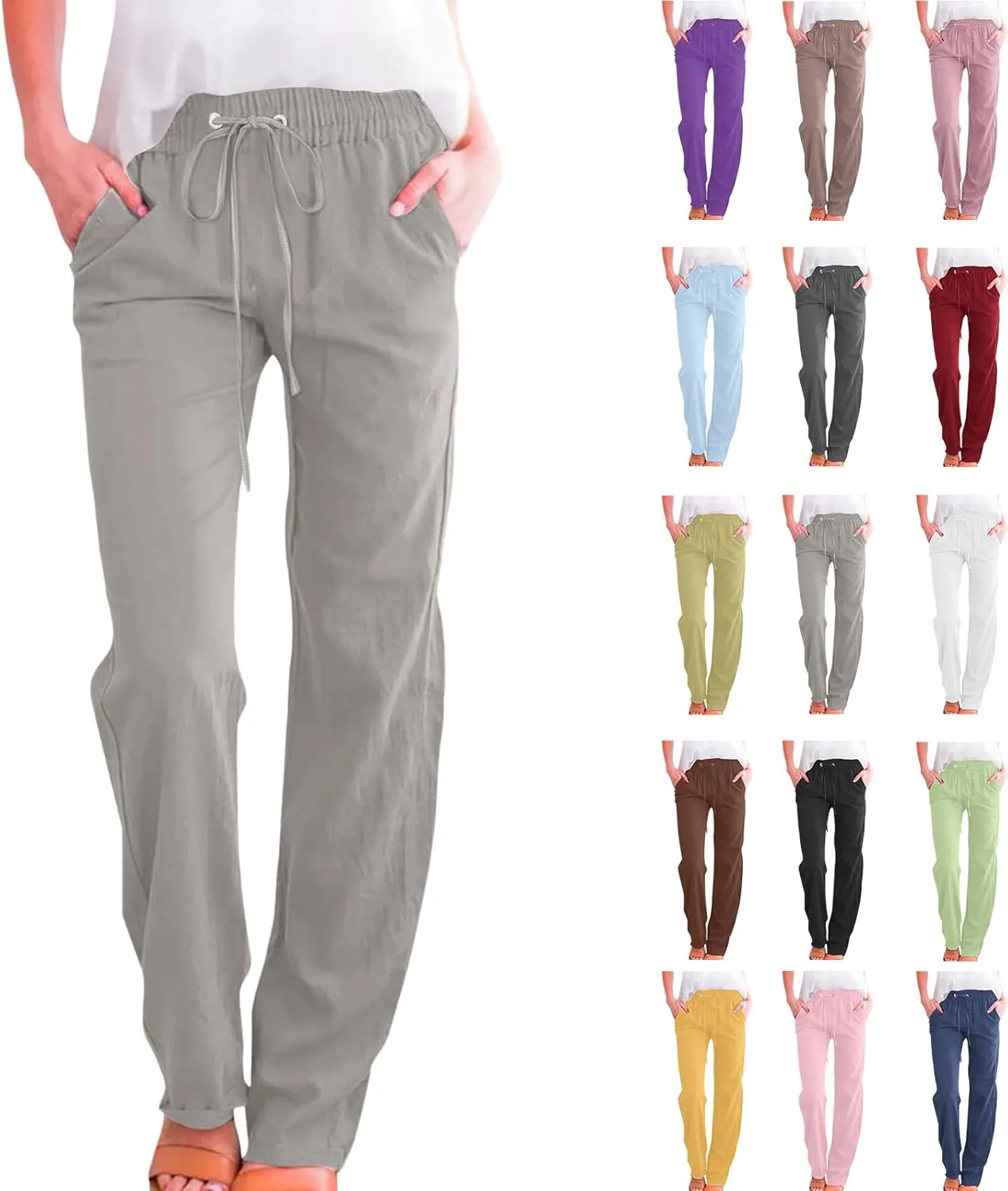 Womens Casual Linen High Waist Pants Plus Size Drawstring Summer Beach Pants Loose Lightweight Trousers with Pockets