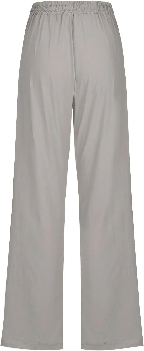 Womens Casual Linen High Waist Pants Plus Size Drawstring Summer Beach Pants Loose Lightweight Trousers with Pockets