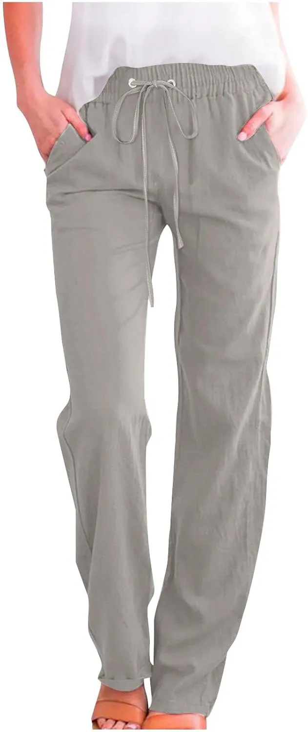 Womens Casual Linen High Waist Pants Plus Size Drawstring Summer Beach Pants Loose Lightweight Trousers with Pockets