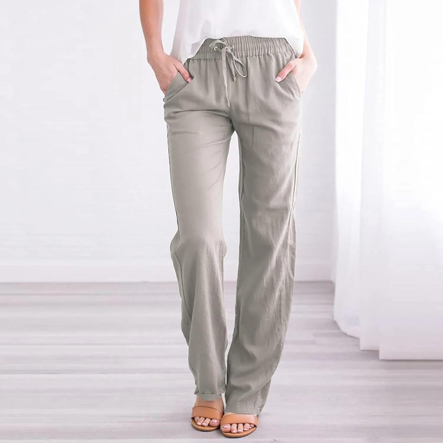 Womens Causal Summer Pants 2024 Elastic High Waist Drawstring Lounge Pant Straight Leg Beach Vacation Trousers