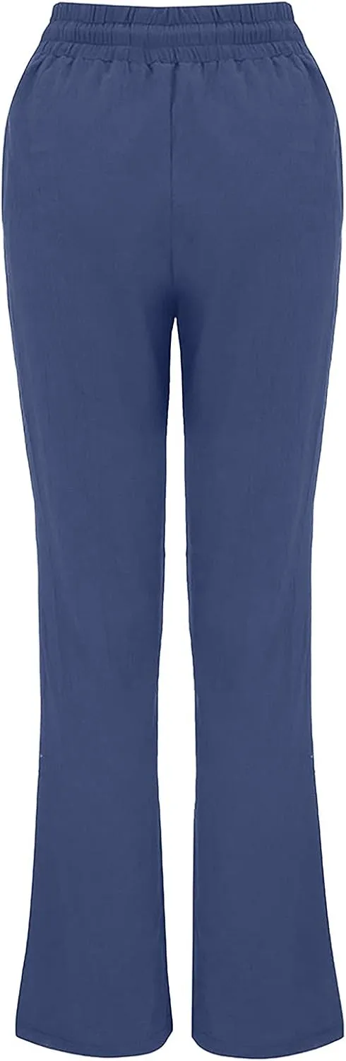 Womens Causal Summer Pants 2024 Elastic High Waist Drawstring Lounge Pant Straight Leg Beach Vacation Trousers