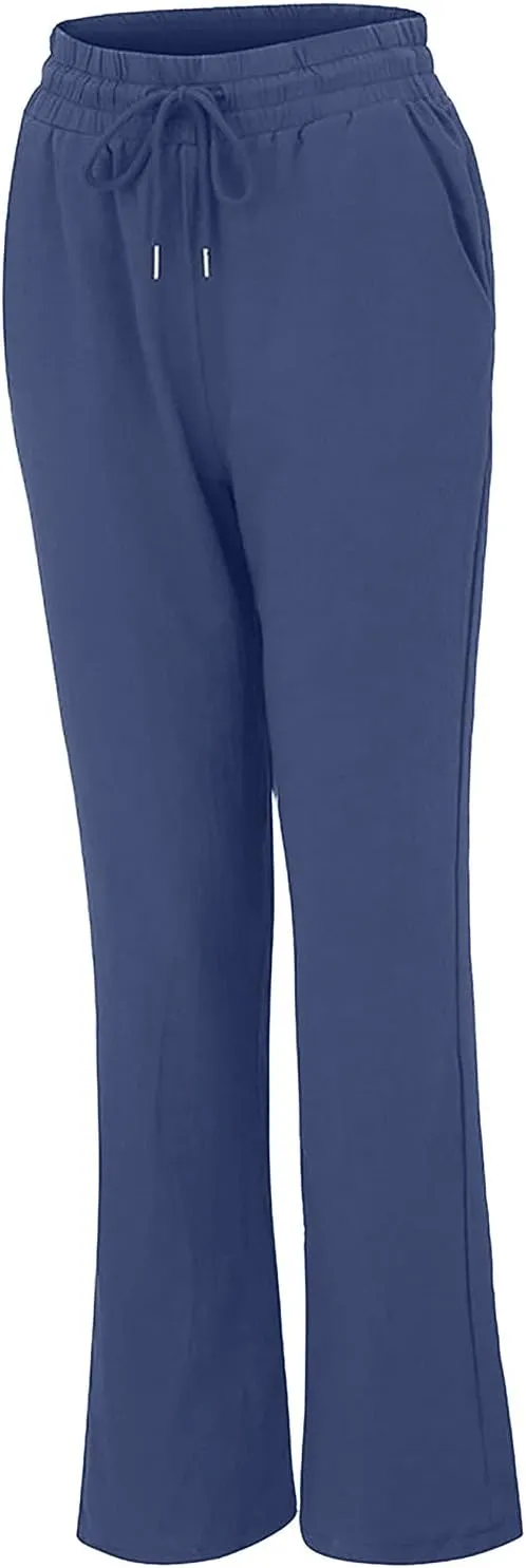 Womens Causal Summer Pants 2024 Elastic High Waist Drawstring Lounge Pant Straight Leg Beach Vacation Trousers