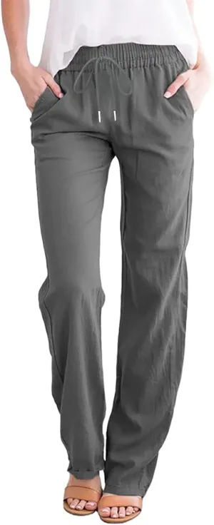 Womens Causal Summer Pants 2024 Elastic High Waist Drawstring Lounge Pant Straight Leg Beach Vacation Trousers