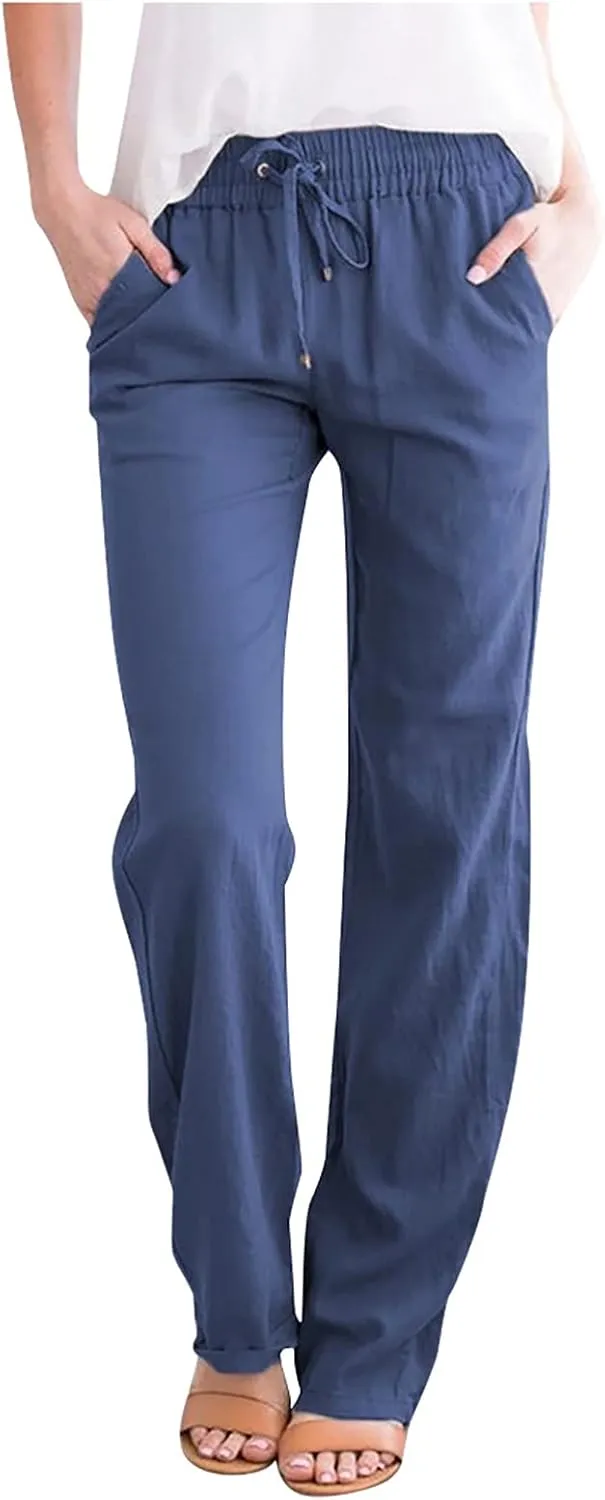 Womens Causal Summer Pants 2024 Elastic High Waist Drawstring Lounge Pant Straight Leg Beach Vacation Trousers