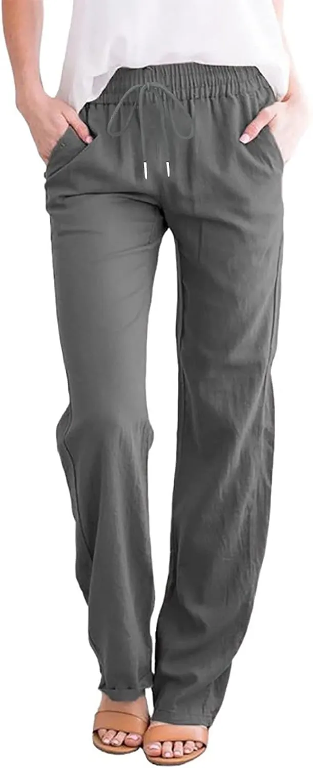 Womens Causal Summer Pants 2024 Elastic High Waist Drawstring Lounge Pant Straight Leg Beach Vacation Trousers