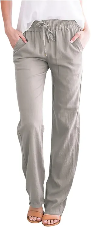 Womens Causal Summer Pants 2024 Elastic High Waist Drawstring Lounge Pant Straight Leg Beach Vacation Trousers