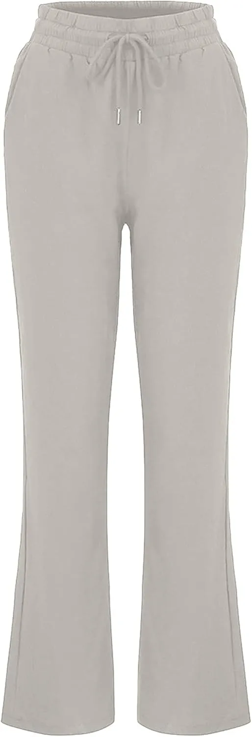 Womens Causal Summer Pants 2024 Elastic High Waist Drawstring Lounge Pant Straight Leg Beach Vacation Trousers